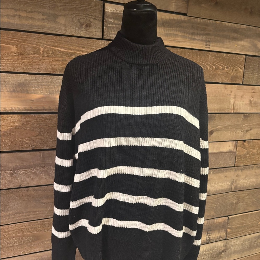 Black and White Striped Mock Turtleneck Sweater